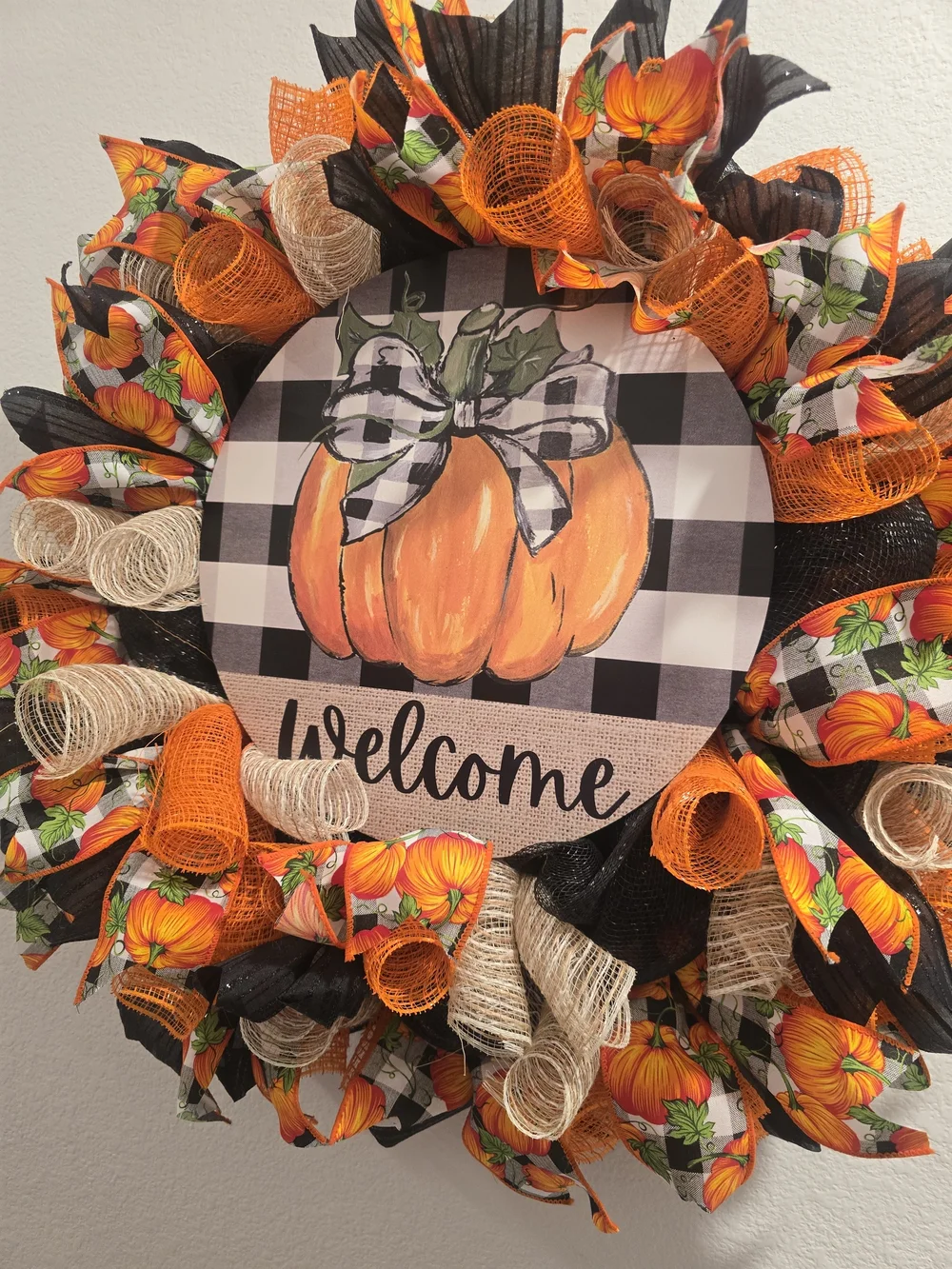 W149 - Welcome Harvest Pumpkin Wreath - Orange, Black & Cream